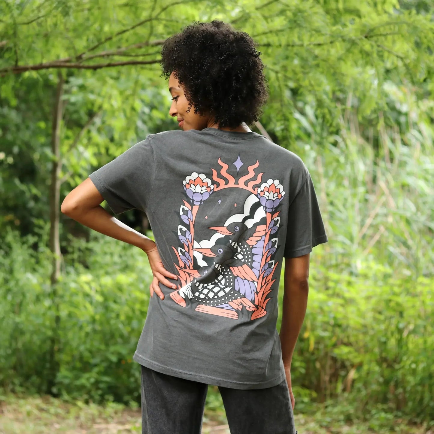 Cotton Graphic T-Shirt - Cosmic Loons Tee - Artistic Birdwatching Nature Aesthetic Style