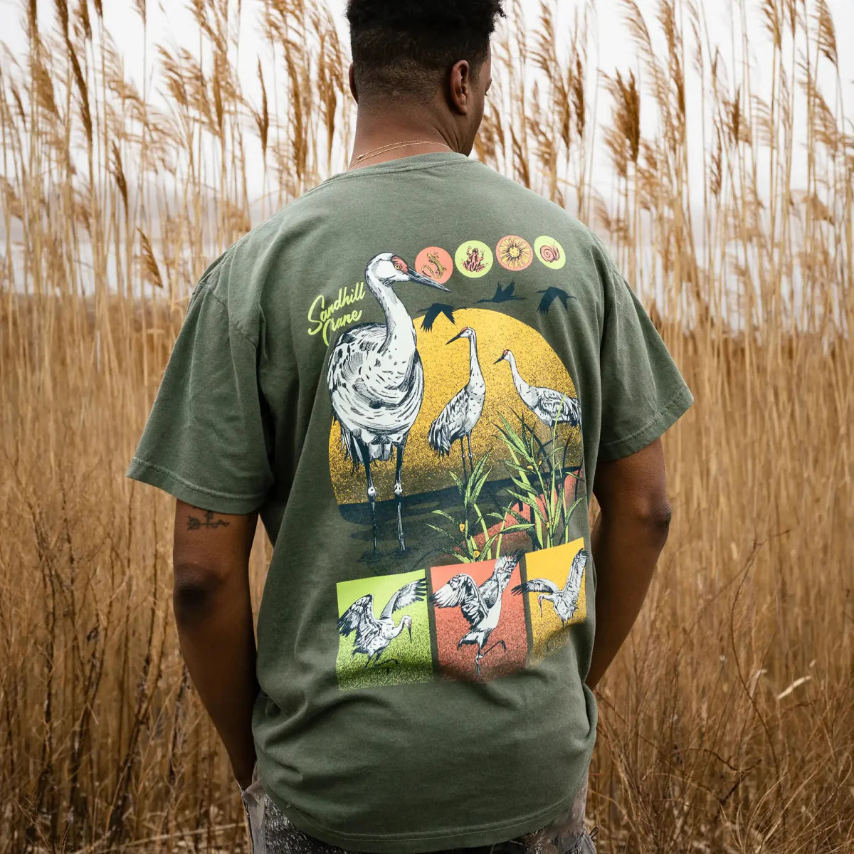 Cotton Graphic T-Shirt - Sandhill Crane Tee - Birdwatching Nature Lover Style