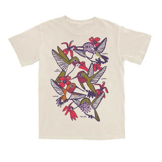 Cotton Graphic T-Shirt - Hummingbirds Tee - Birdwatching Garden Wildlife Nature Style