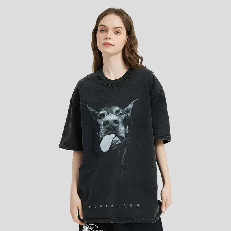 Hip Hop Doberman Oversized Women's Washed Cotton T-shirt