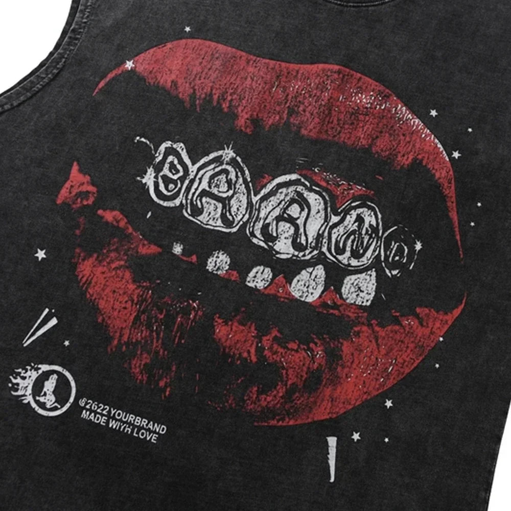 Oversized Graphic T Shirts - Lip Print Cotton Washed Loose Streetwear