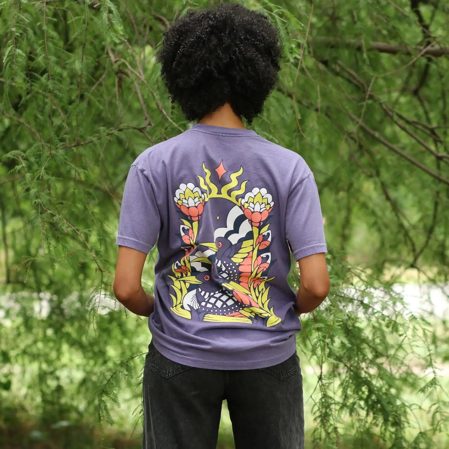 Cotton Graphic T-Shirt - Cosmic Loons Tee - Artistic Birdwatching Nature Aesthetic Style