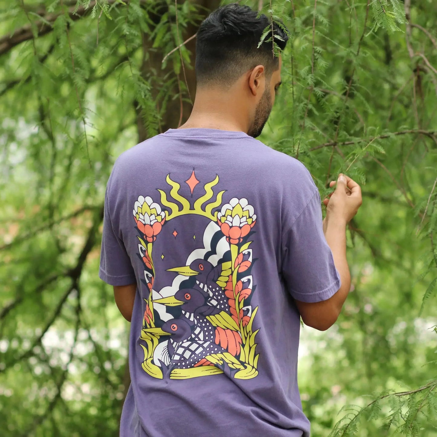 Cotton Graphic T-Shirt - Cosmic Loons Tee - Artistic Birdwatching Nature Aesthetic Style