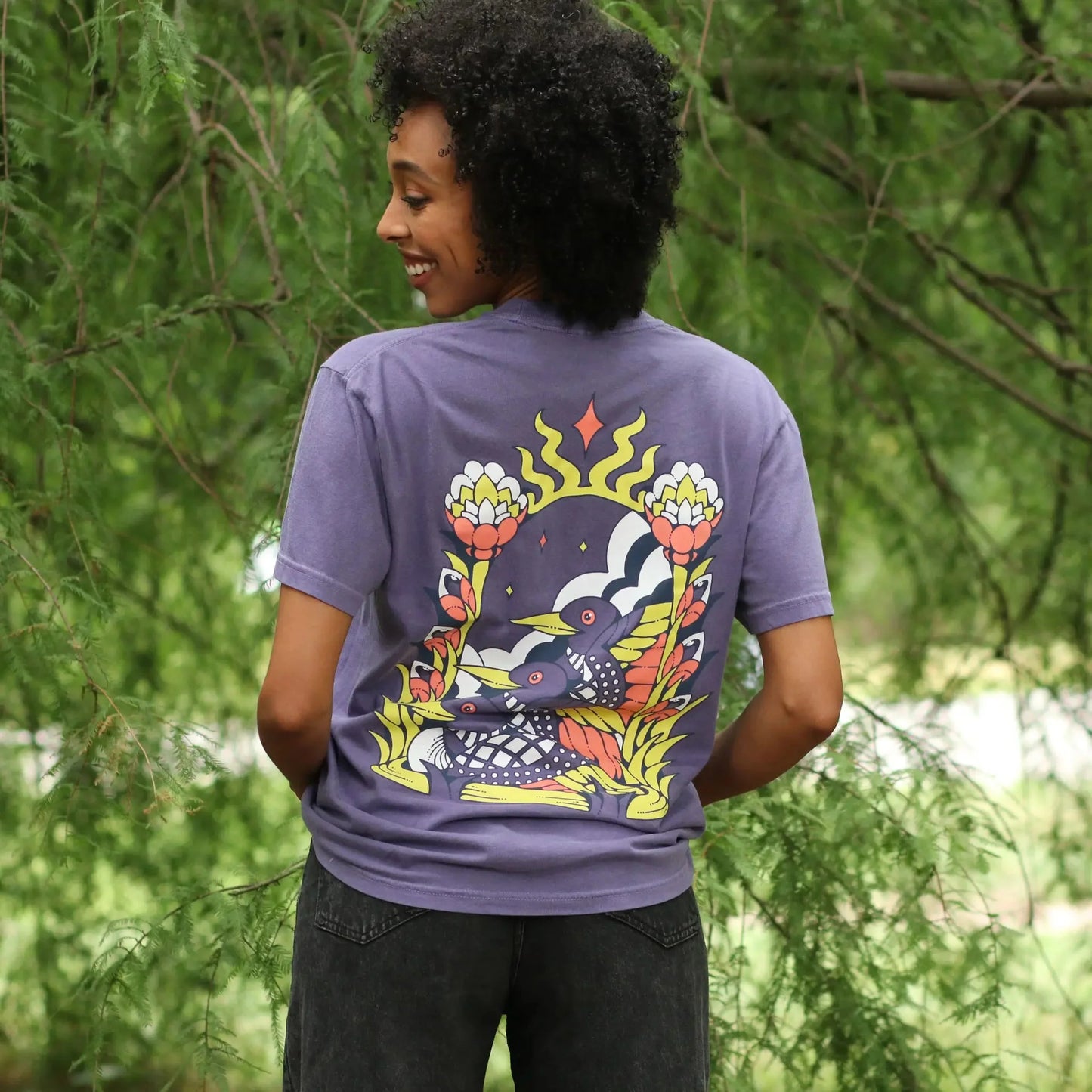 Cotton Graphic T-Shirt - Cosmic Loons Tee - Artistic Birdwatching Nature Aesthetic Style