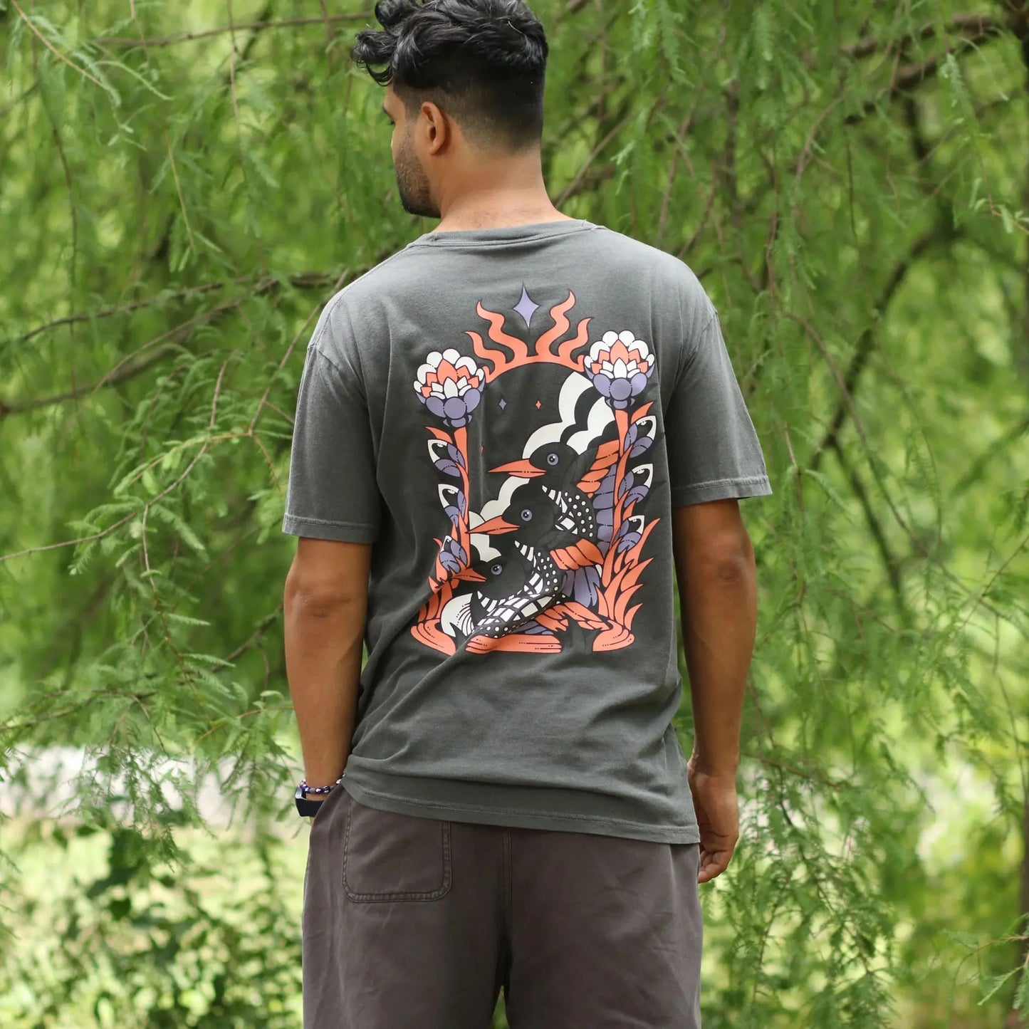 Cotton Graphic T-Shirt - Cosmic Loons Tee - Artistic Birdwatching Nature Aesthetic Style