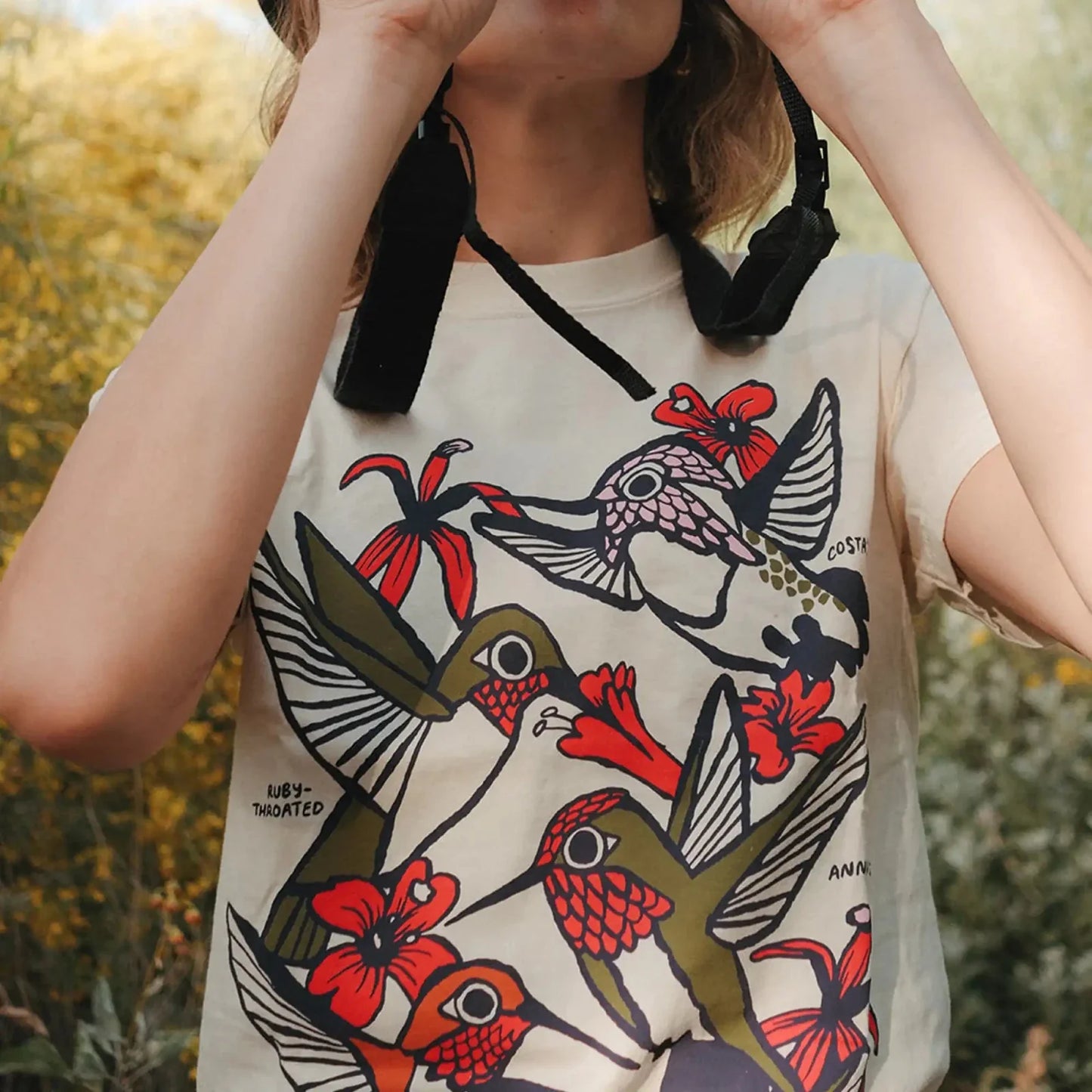 Cotton Graphic T-Shirt - Hummingbirds Tee - Birdwatching Garden Wildlife Nature Style