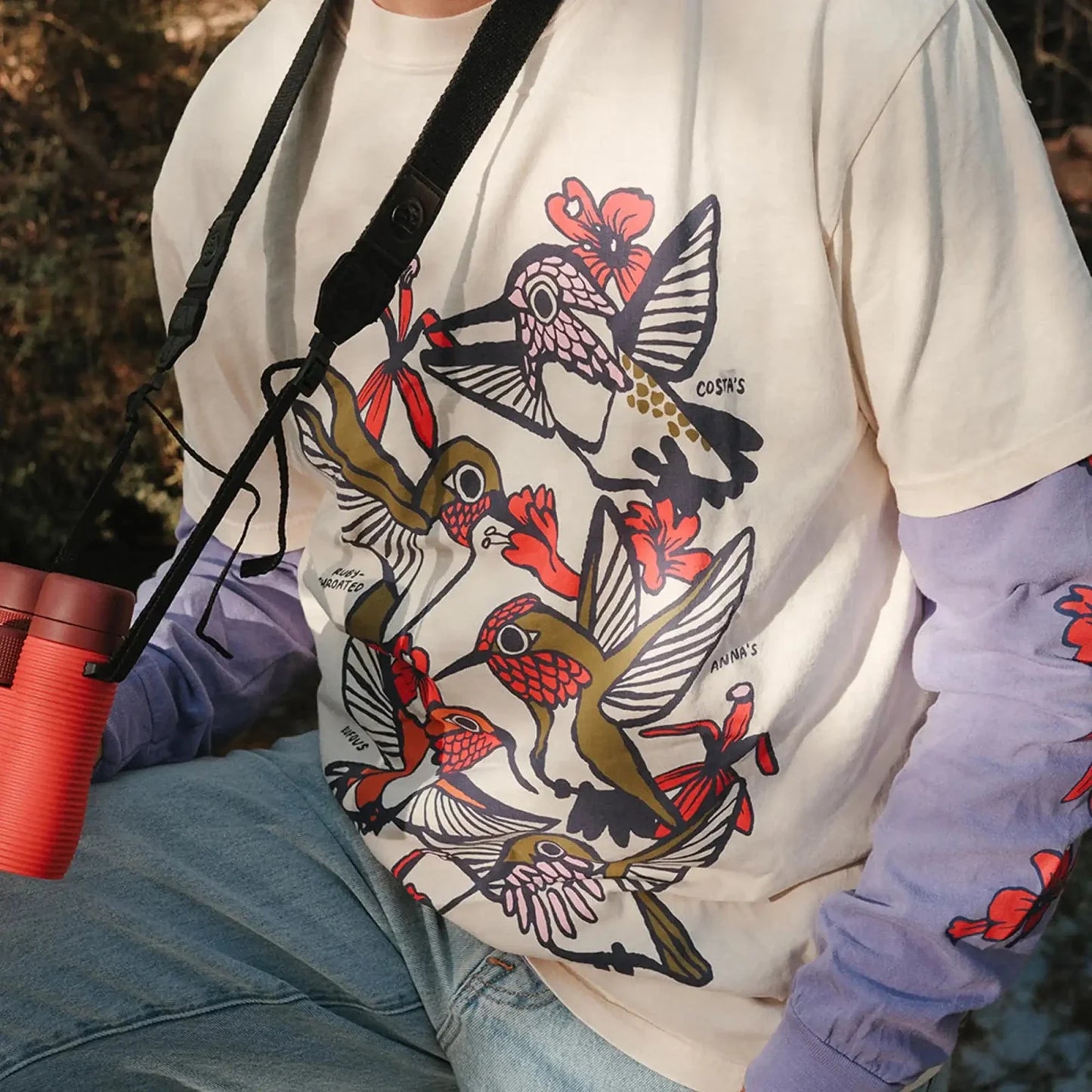 Cotton Graphic T-Shirt - Hummingbirds Tee - Birdwatching Garden Wildlife Nature Style