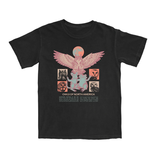 Cotton Graphic T-Shirt - Owls of North America Tee - Raptor Birdwatching Nature Style