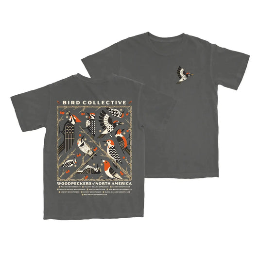 Cotton Graphic T-Shirt - Woodpeckers of North America Tee - Birdwatching Forest Nature Style